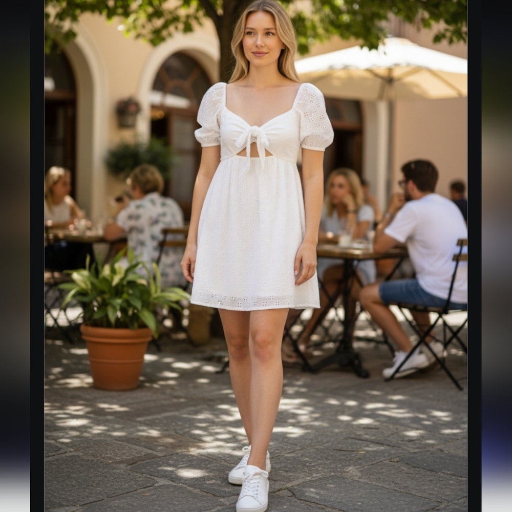 NWT White Tie-Front Eyelet Mini Dress with Puff Sleeves Size-M